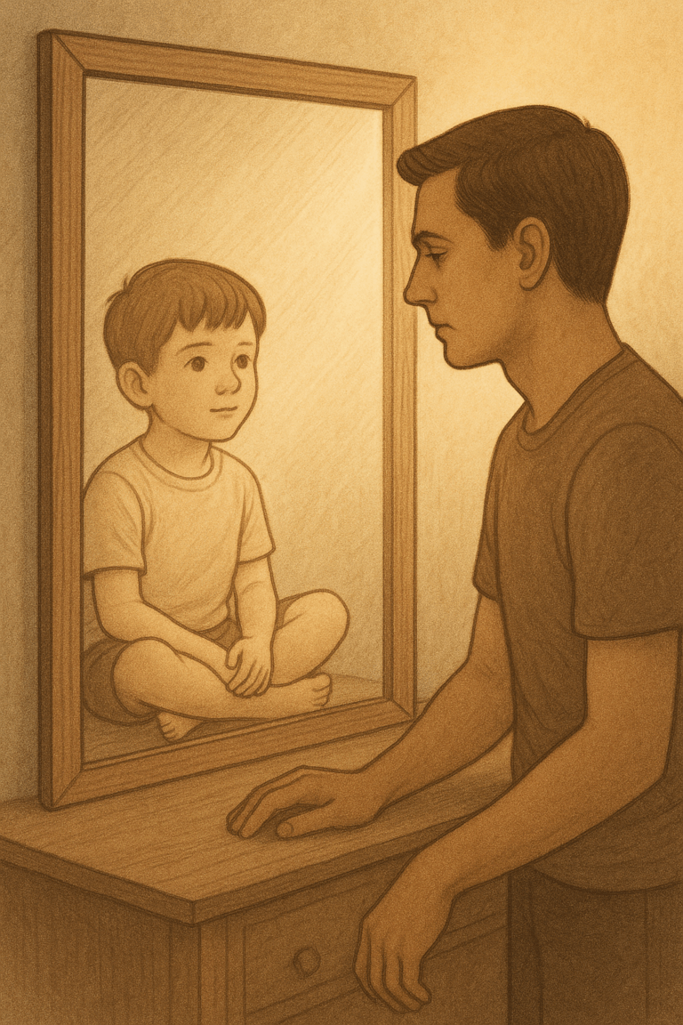 Image symbolizing self meeting younger self in awareness