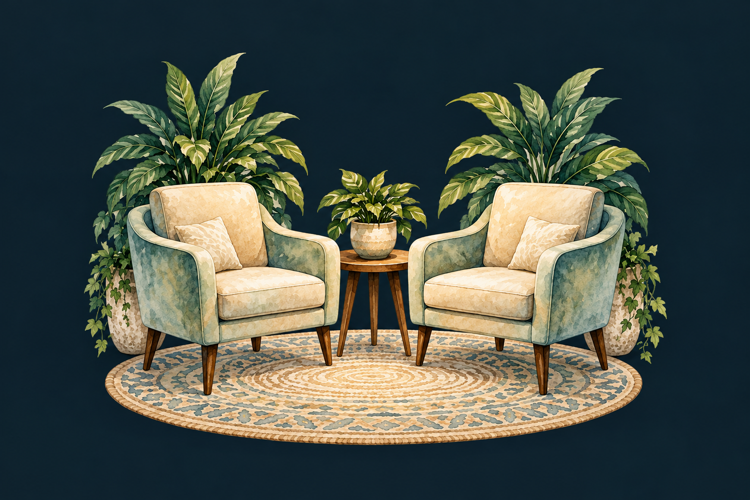 Two comfortable chairs in a calm, plant-filled room