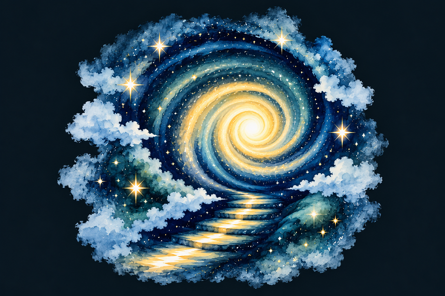 Glowing spiral with illuminated stepping stones in a starry sky