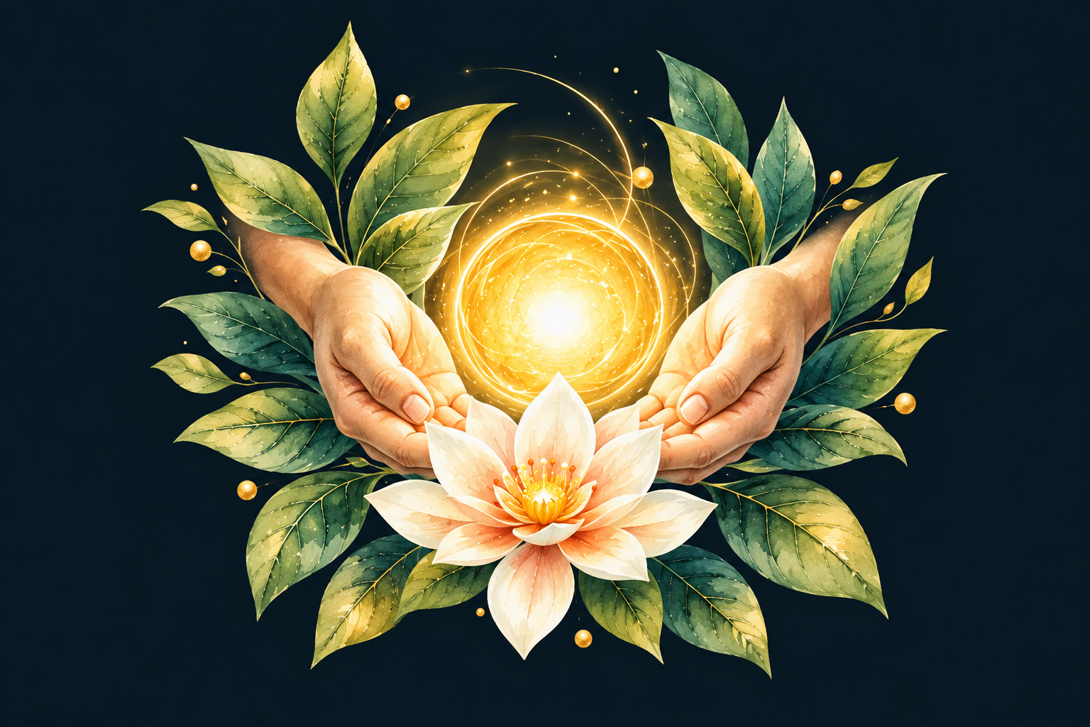 Hands holding a golden light among green leaves