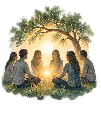 People gathered beneath a tree in warm evening light