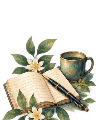 Open journal and pen beside a warm drink and flowers