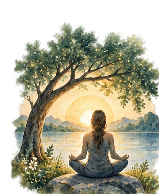 Person meditating beneath a tree by a lake