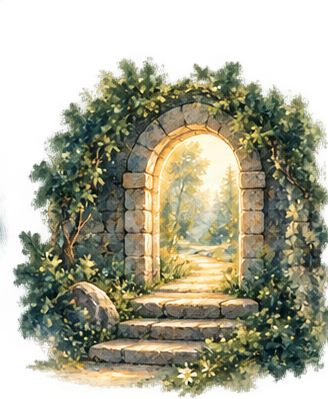 Sunlit doorway framed by stone and green foliage