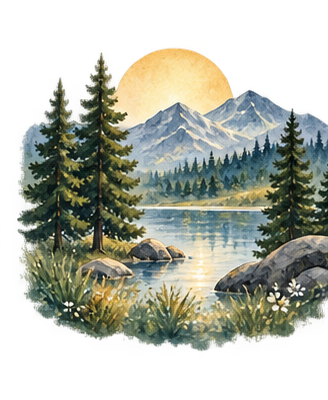 Mountain lake framed by evergreens