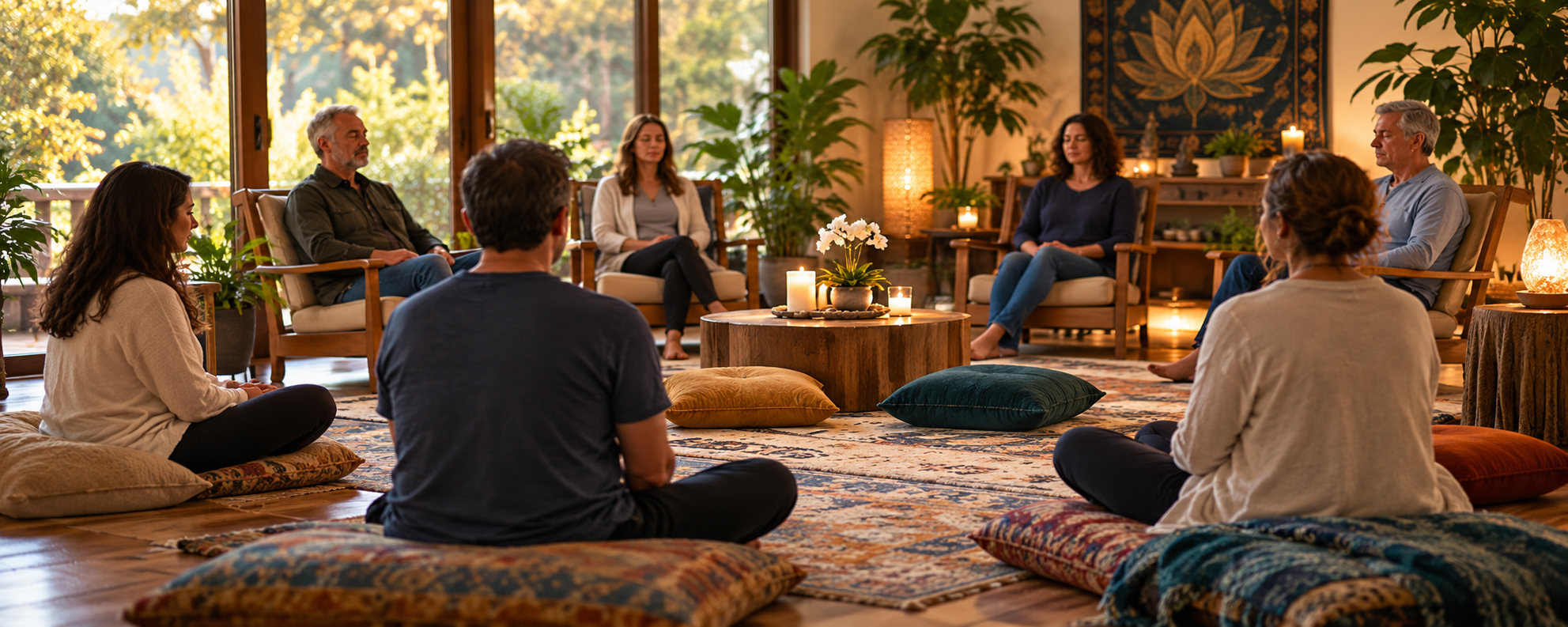 People seated on chairs and floor cushions in quiet reflection in a welcoming room.