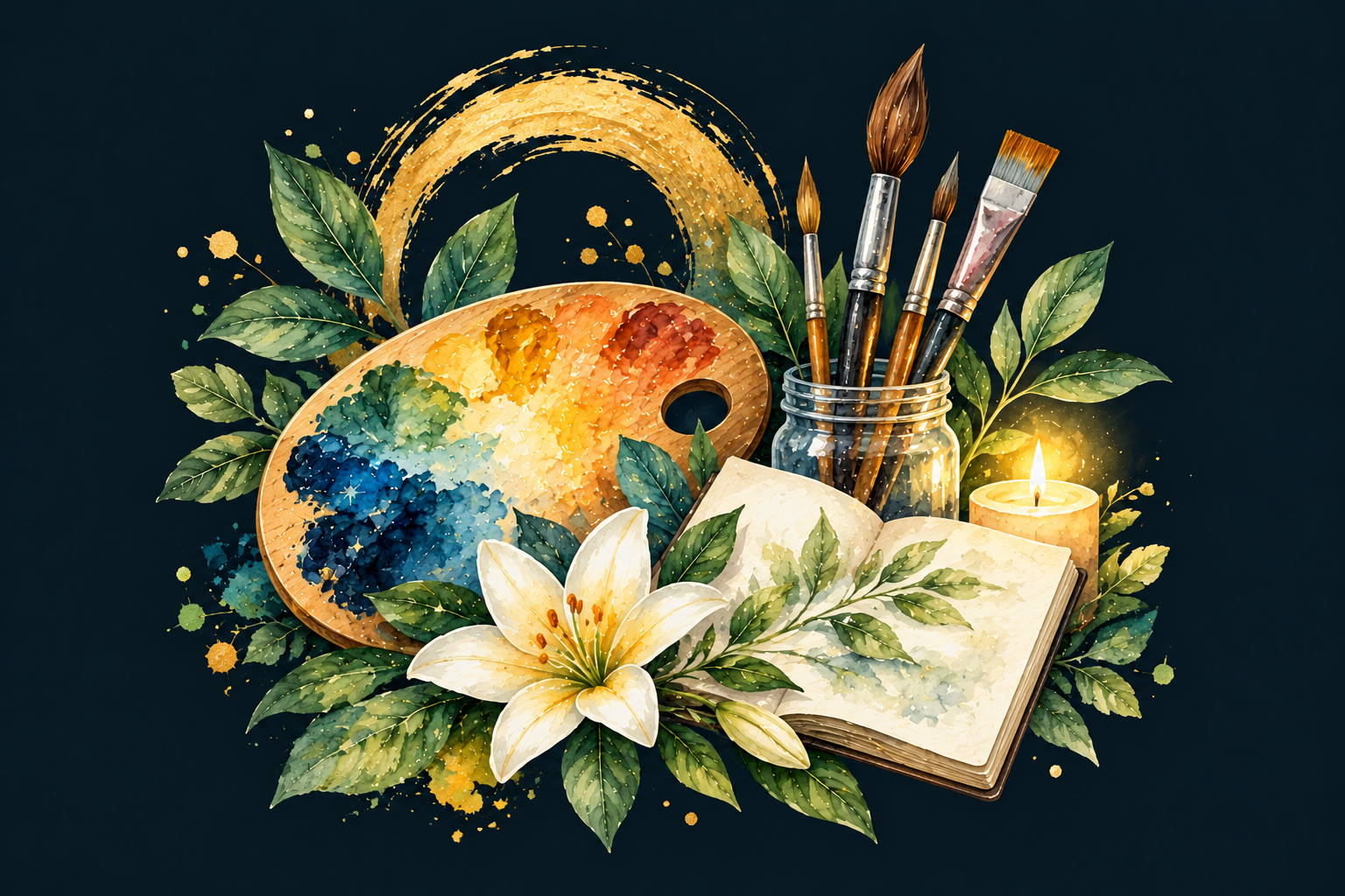 Watercolor palette and paintbrushes with green leaves