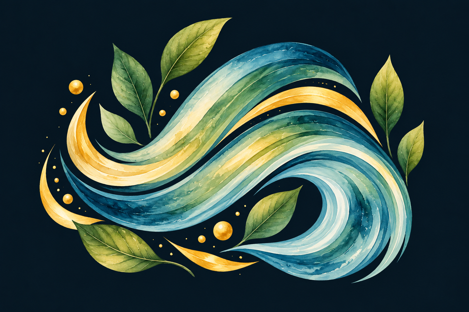 Flowing watercolor ribbons and leaves suggesting a gentle breath