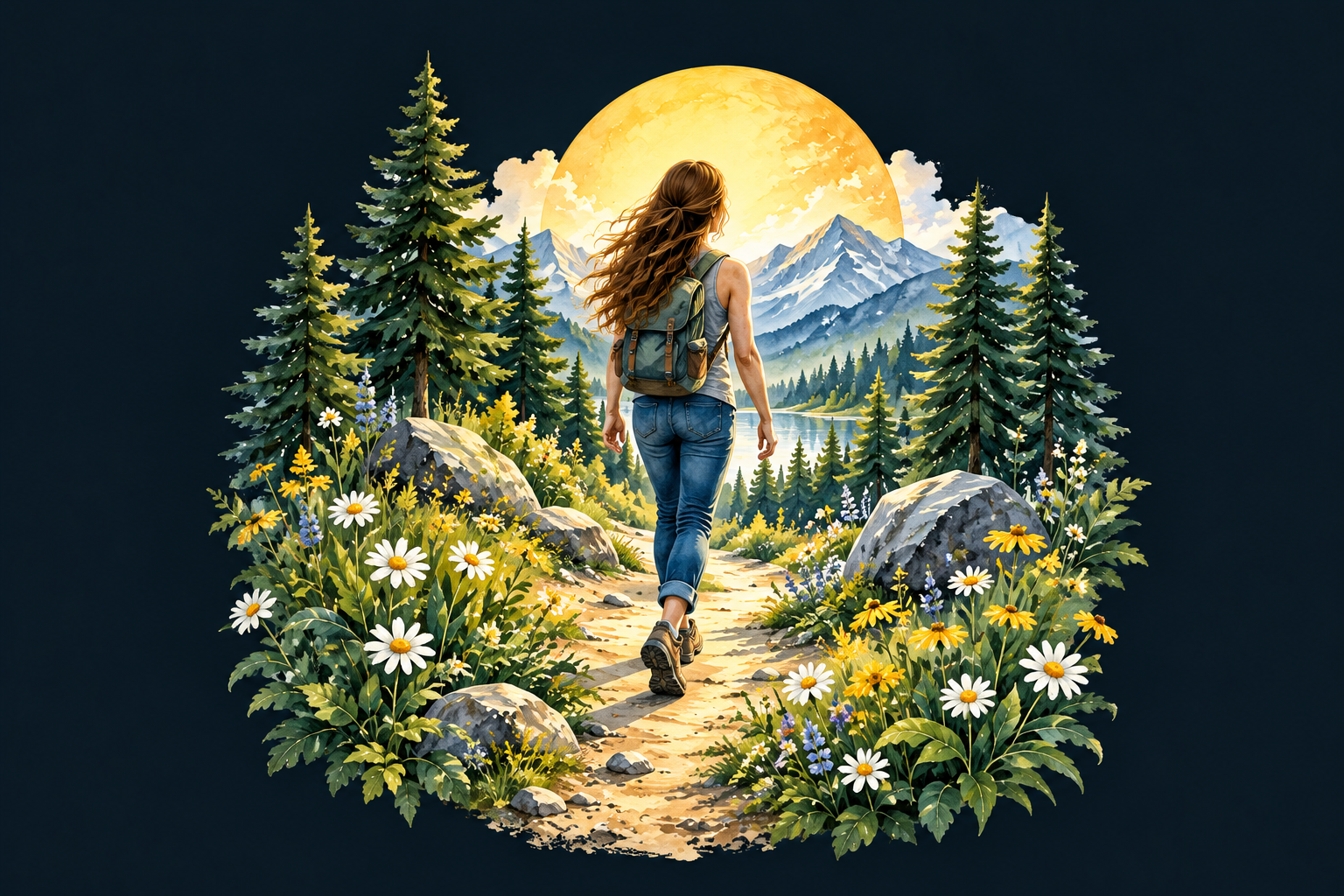 Hiker on a sunlit mountain trail among wildflowers