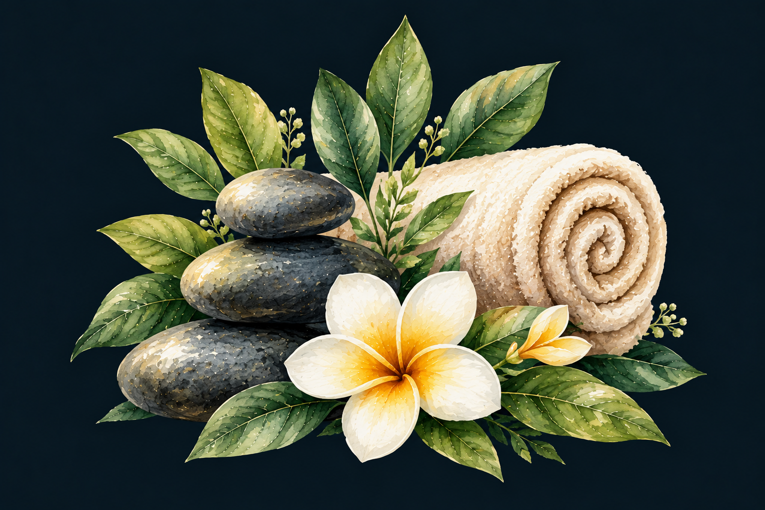 Stacked stones, towels, candle and flower